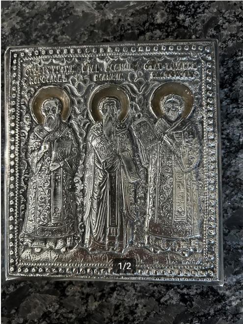 Kleine antieke verzilverde Russische icoon ca 1880, Ophalen of Verzenden
