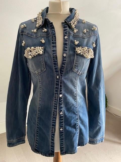 Miss Bonbon jeans shirt met parels, Kleding | Dames, Blauw, Ophalen of Verzenden, Zo goed als nieuw, Maat 36 (S)