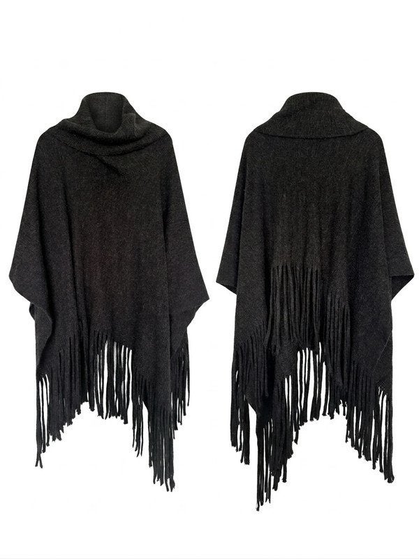 Prachtige Zwarte Gebreide Poncho met Franjes, Vans, Ophalen of Verzenden, Gedragen