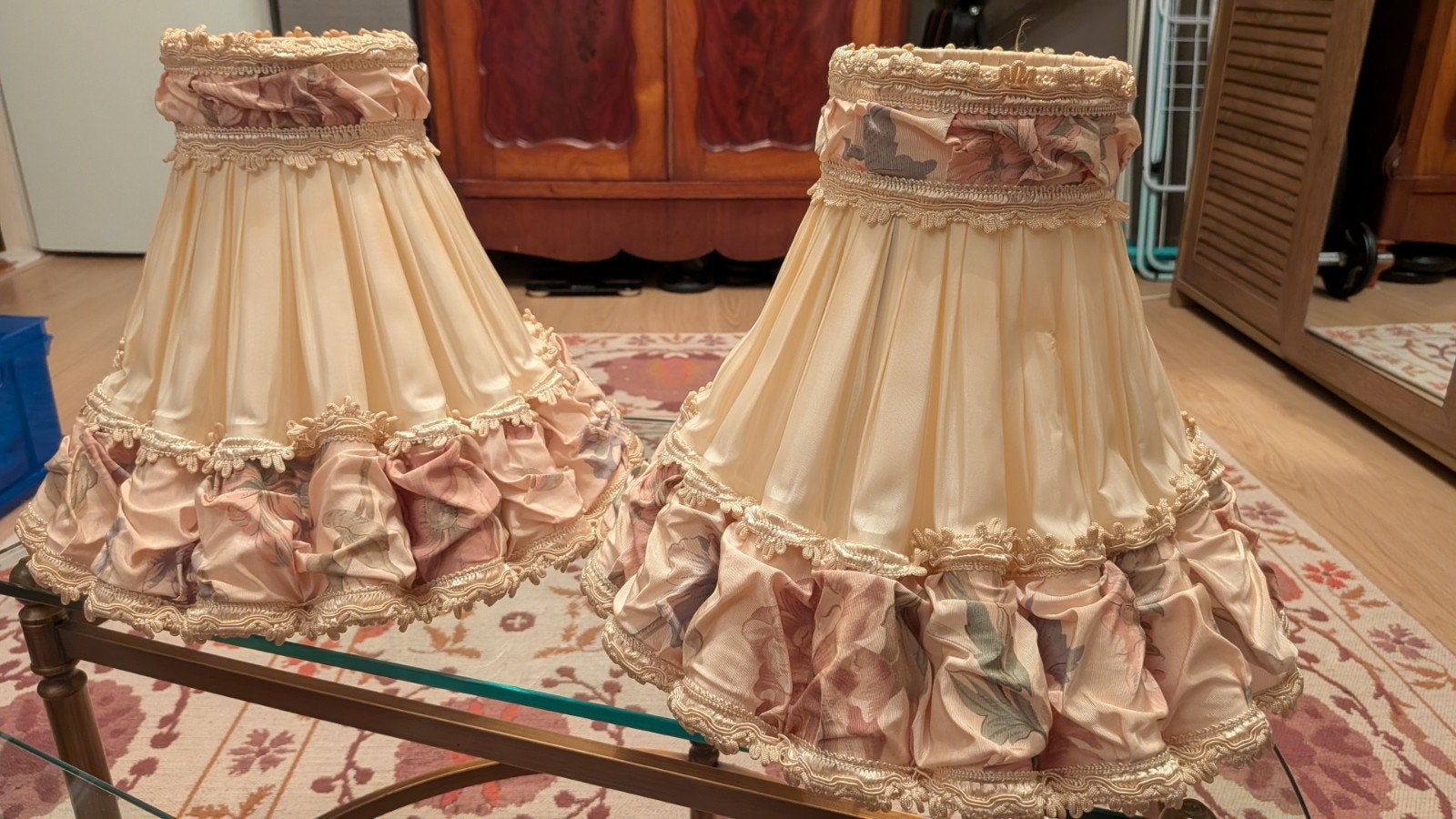 Set van 2 Victoriaanse Brocante Lampenkappen met Franjes, Huis en Inrichting, Gebruikt, Overige typen, Rond, Ophalen of Verzenden