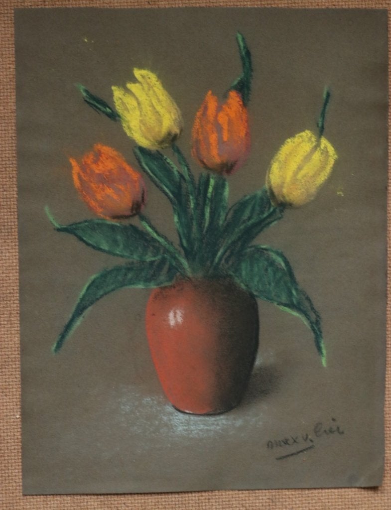 Pastel tulpen in een rode vaas - gesigneerd, Ophalen, Tekening, Pasteltekening, Gesigneerd