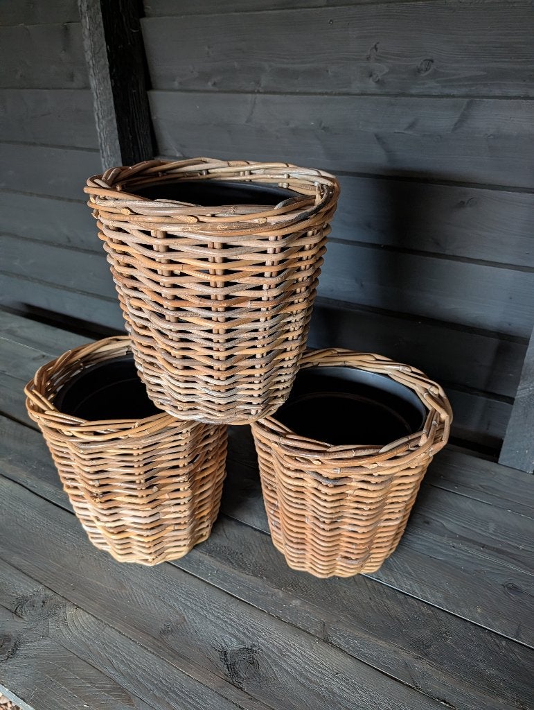 4x rotan plantenmand met binnenpot, Overige materialen, Rond, Zo goed als nieuw, Minder dan 40 cm