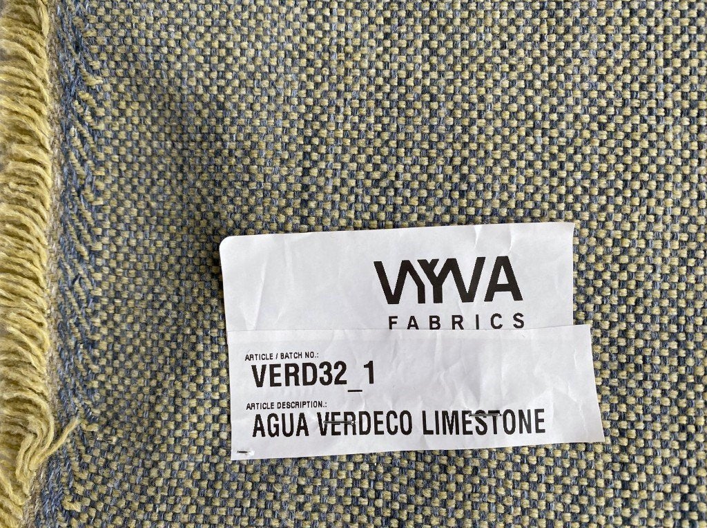 Vyva Sunbrella Aqua; blauw+geel; 2,1 meter meubelstof, Overige materialen, Meerkleurig, 120 cm of meer, Ophalen of Verzenden