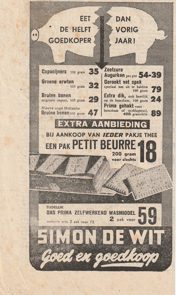 Retro reclame 1955 Simon de Wit supermarkt ook koekjes, Verzamelen, Verzenden, Overige typen