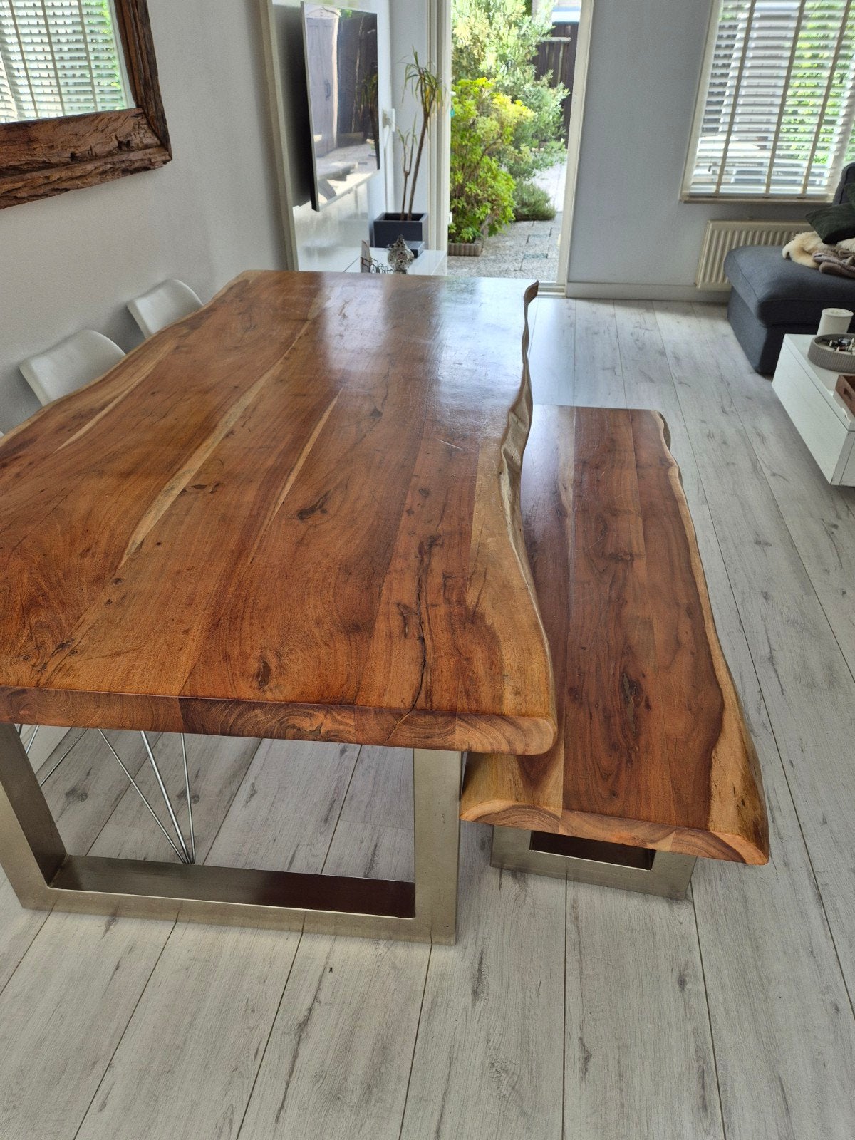 Eiken boomstam eettafel met bijpassende bank, Ophalen, Eikenhout, 50 tot 100 cm, Zo goed als nieuw