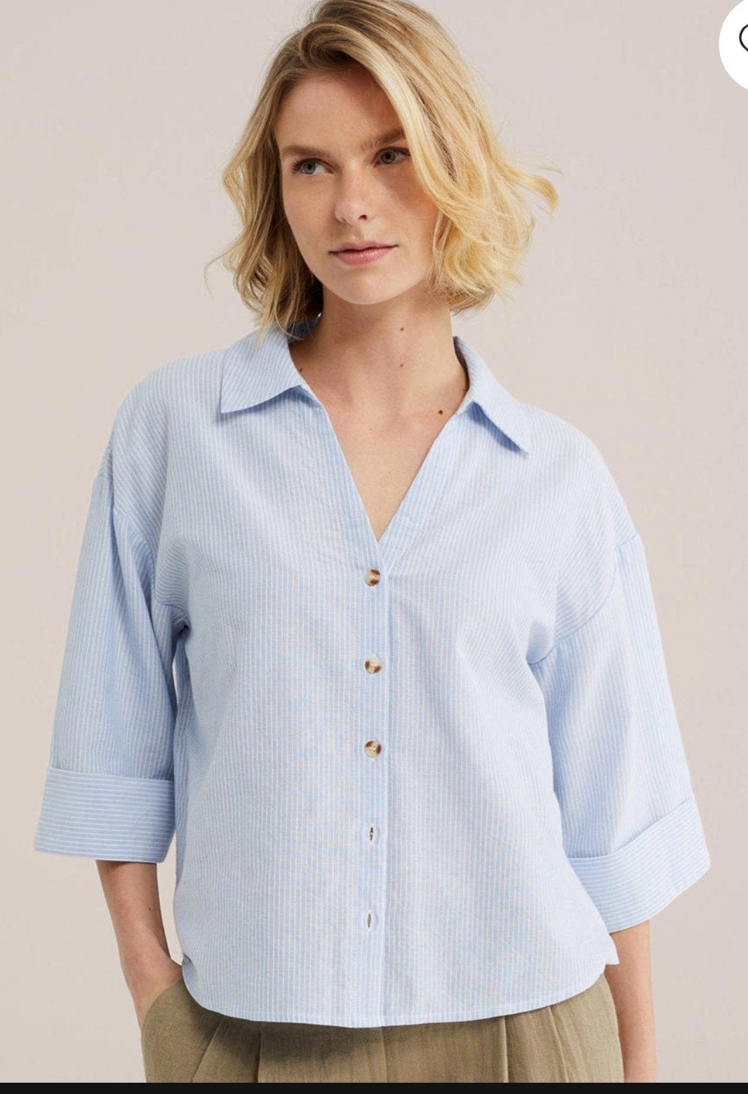 Lichtblauwe katoenen  gestreepte blouse, korte mouwen WE XL, Blauw, WE, Maat 42/44 (L), Ophalen of Verzenden