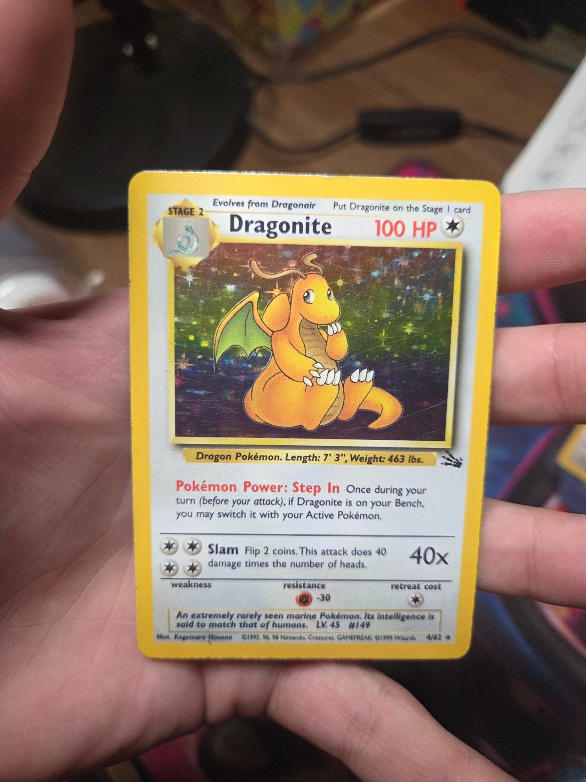 Dragonite Holo 4/62 Fossil 1999 Wizard of the Coast era, Ophalen of Verzenden, Zo goed als nieuw, Losse kaart, Foil