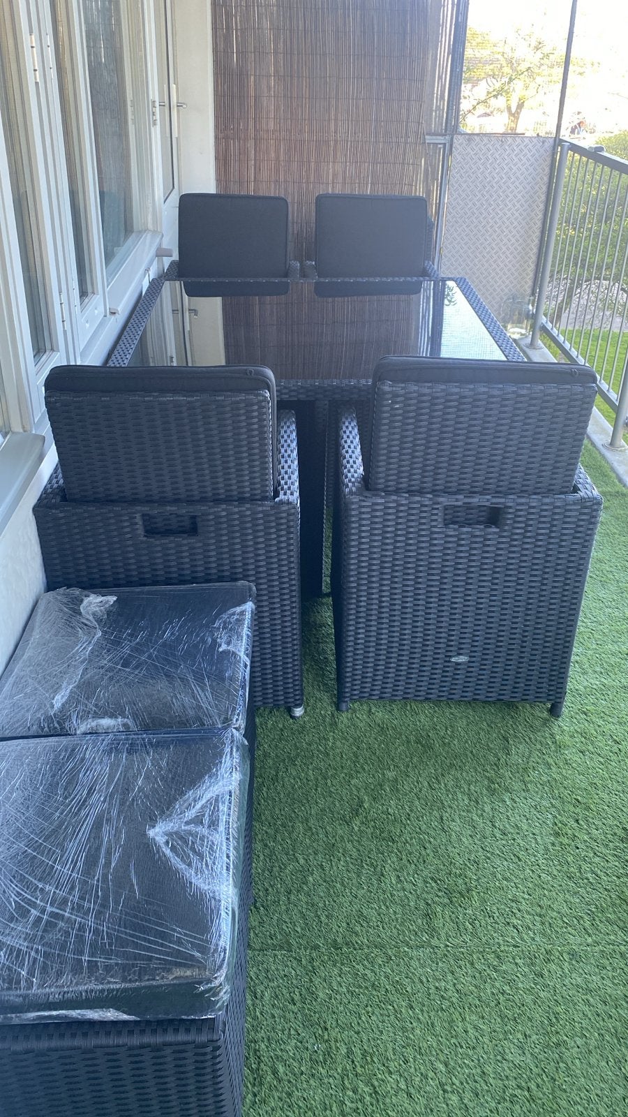 Tuinset met glazen tafel en poly rattan stoelen, Ophalen, Eettafel, Wicker, Tuinset