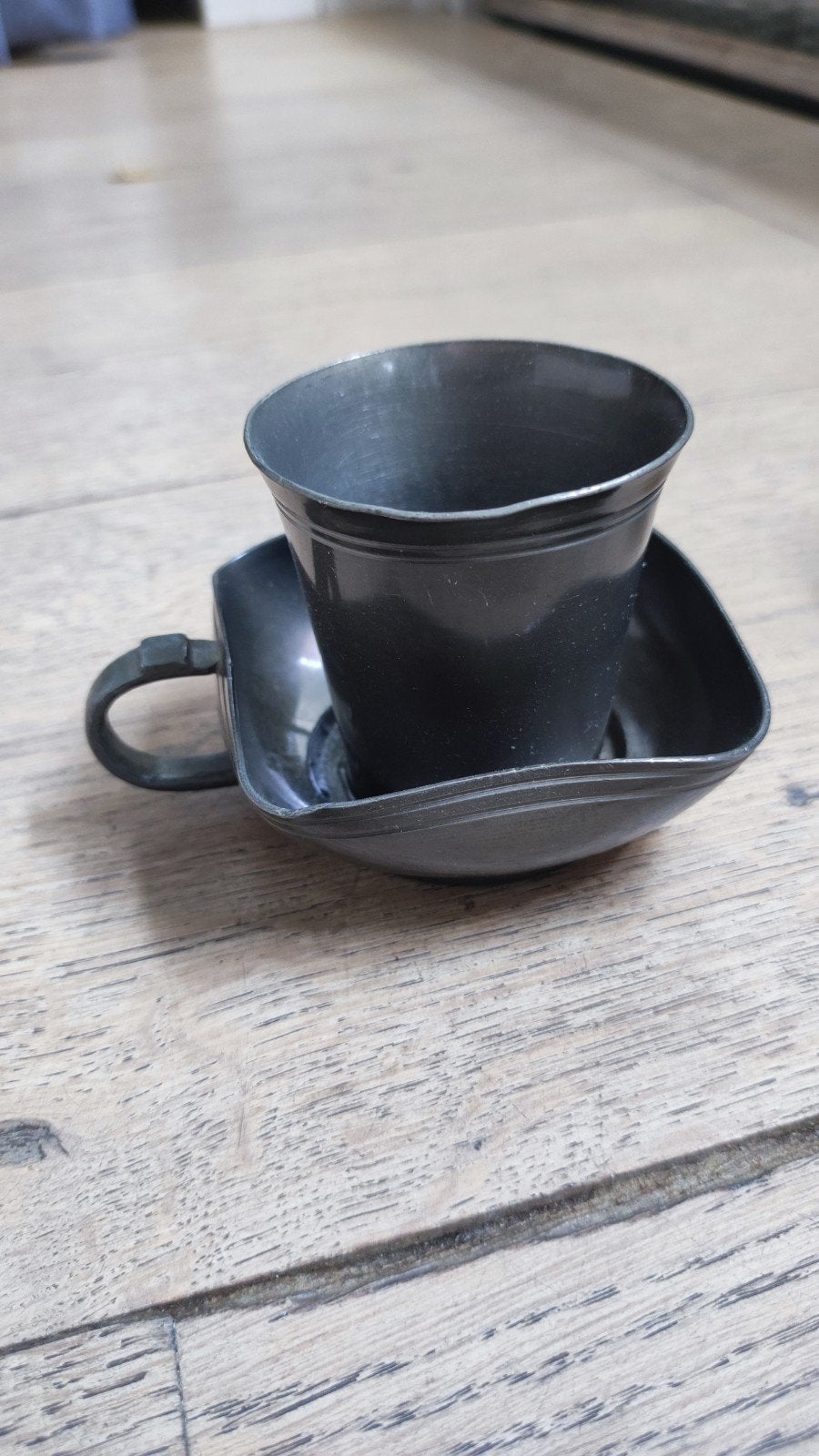 Antieke tinnen kop en schotel, Ophalen of Verzenden