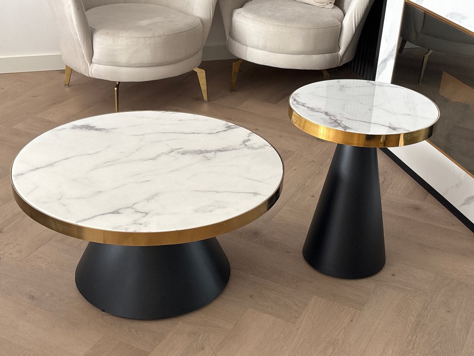 Richmond Salontafel en Bijzettafel Set - Marmerlook & Goud, Huis en Inrichting, Tafels | Salontafels, Ophalen, Rond, 50 tot 100 cm