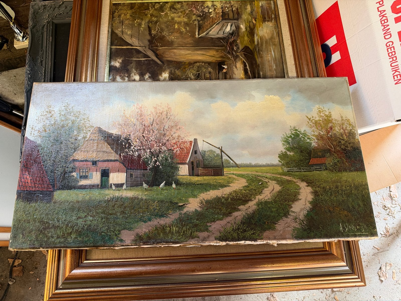 Oud schilderij van A. Sleeswijk - Landschap met boerderij, Ophalen, Doek, Gesigneerd, Landschap