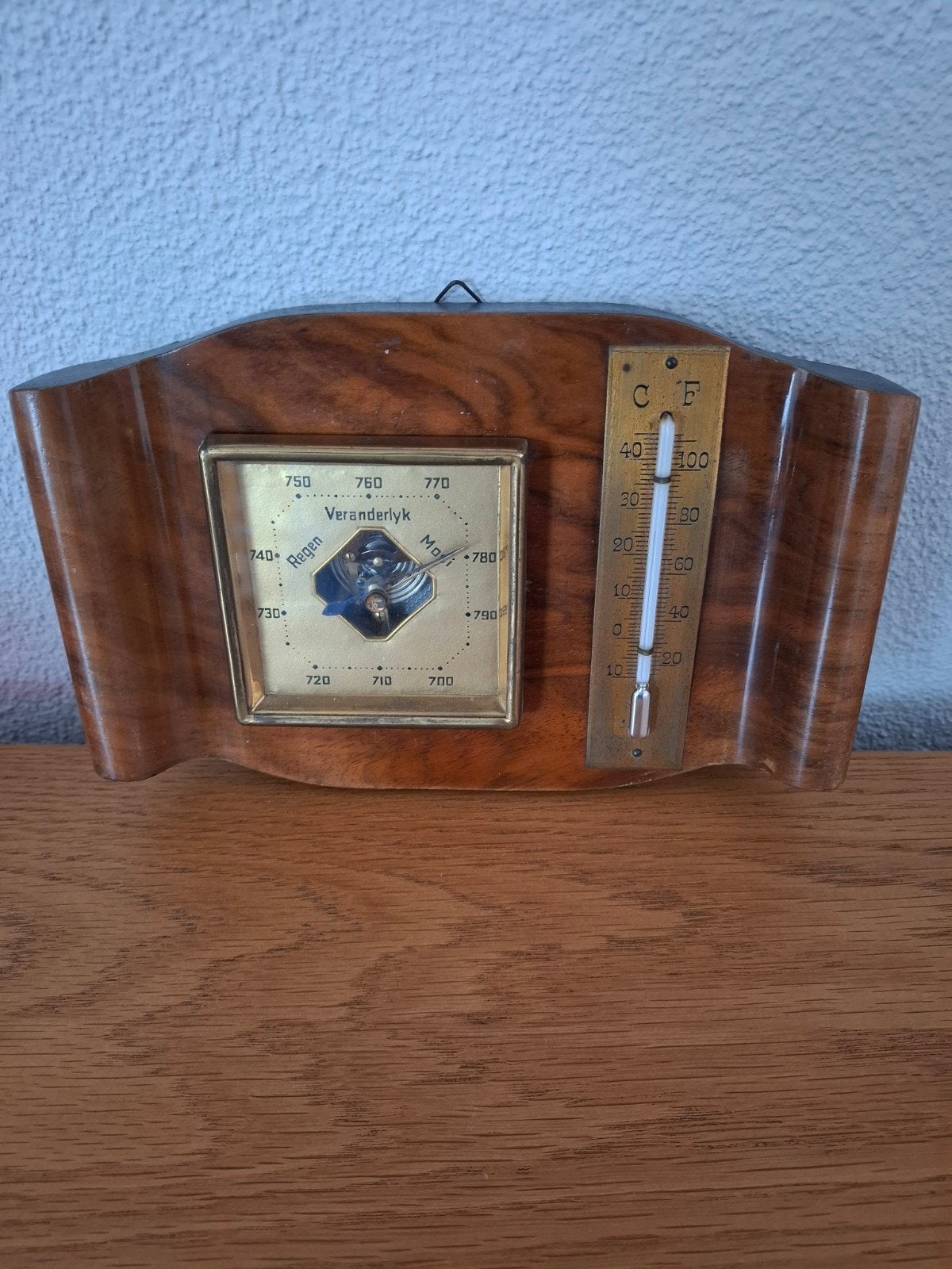 Antieke,Amsterdamse school,  Barometer en Thermometer in Hou, Ophalen of Verzenden, Gebruikt, Weerstation