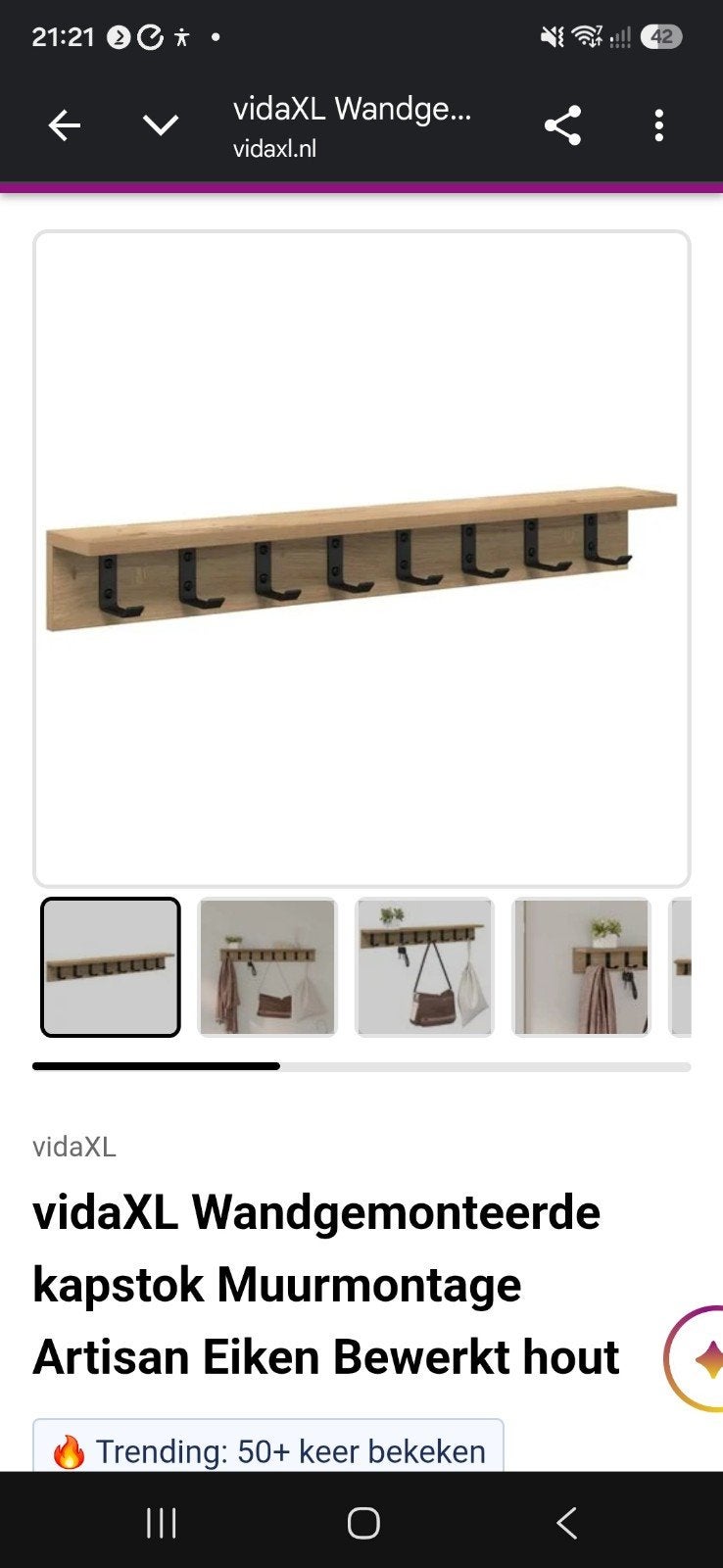 vidaXL Wandkapstok Artisan Eiken - Nieuw in doos, Nieuw, Minder dan 100 cm, Hout, Ophalen