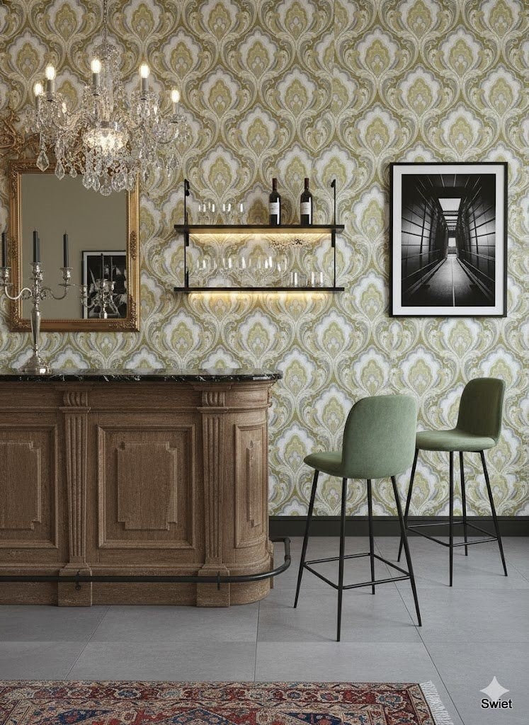14302 klassiek barok behang olijfgroen goudaccent swiet, Ophalen of Verzenden, Minder dan 10 m²