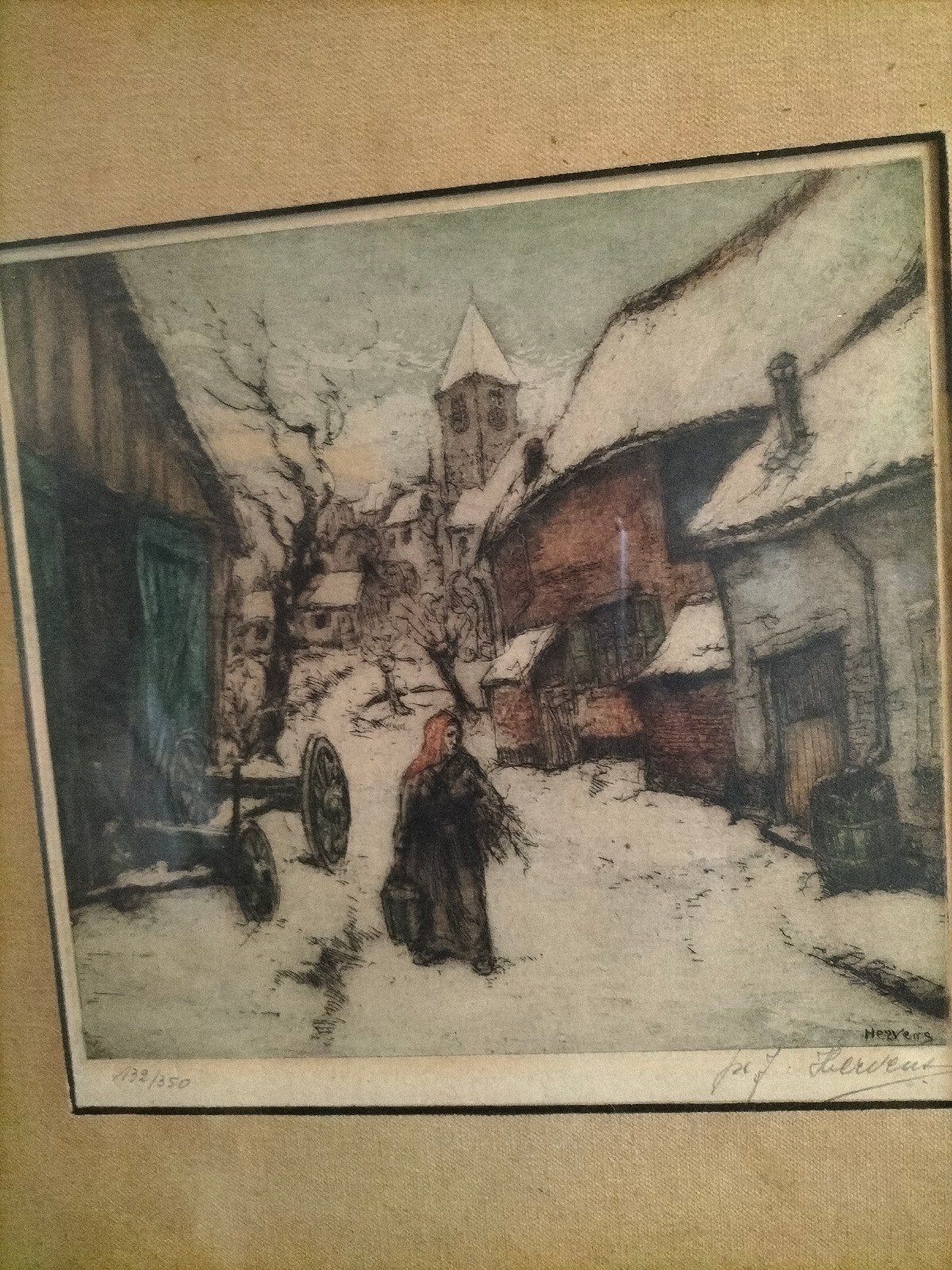 Gesigneerde en genummerde ets 'Village sous la neige', Antiek en Kunst, Ets, Stadsgezicht, Ophalen of Verzenden, Genummerd