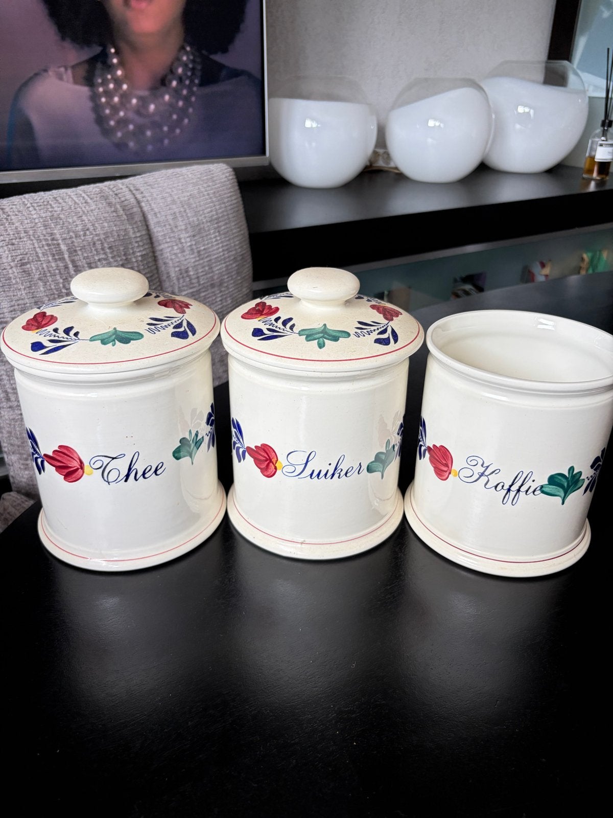Vintage Delfts Blauw Voorraadpotten Thee Suiker Koffie, Ophalen, Gebruikt, Voorraadpot, Steen/keramiek