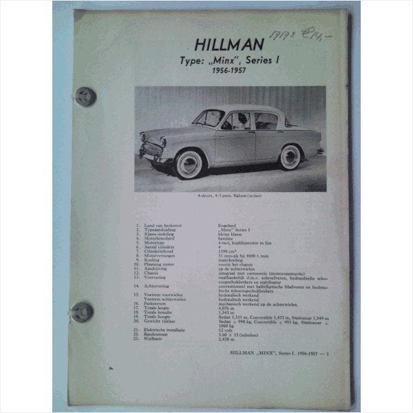 Hillman Minx Vraagbaak losbladig 1956-1957 #1 Nederlands, Ophalen of Verzenden, Gelezen, Overige merken