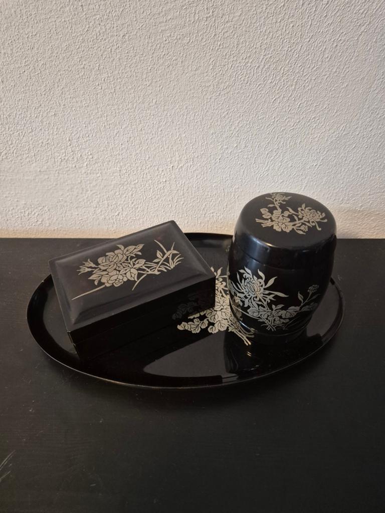 Vintage Japanse Lakwerk Set - Dienblad, Doos & Pot, Antiek en Kunst, Ophalen of Verzenden