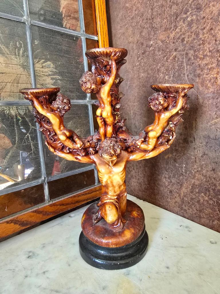 Antiek barok kandelaar cherubijn, Antiek en Kunst, Antiek | Kandelaars, Koper of Brons, Ophalen of Verzenden