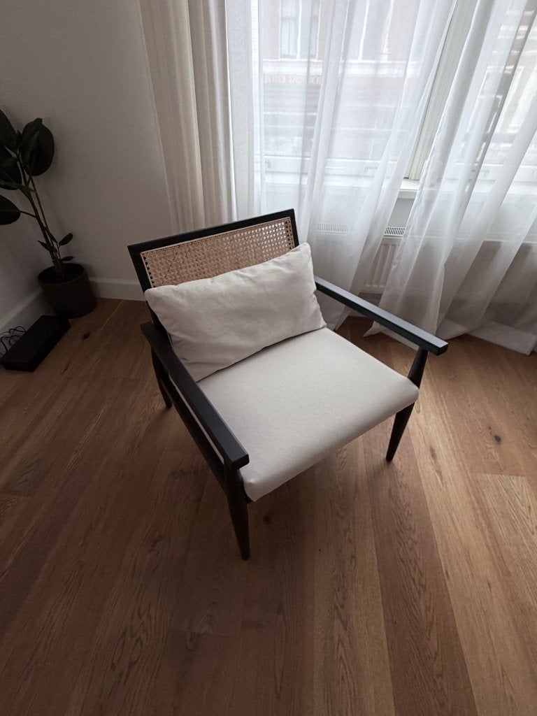 Westwing Manuell loungefauteuil, zwart berken + rotan, Ophalen, Gebruikt, Minder dan 75 cm, 50 tot 75 cm