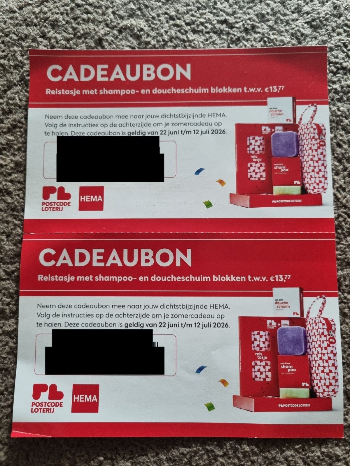 Postcodeloterij HEMA (zomer-) cadeaubonnen 2x, Twee personen, Cadeaubon
