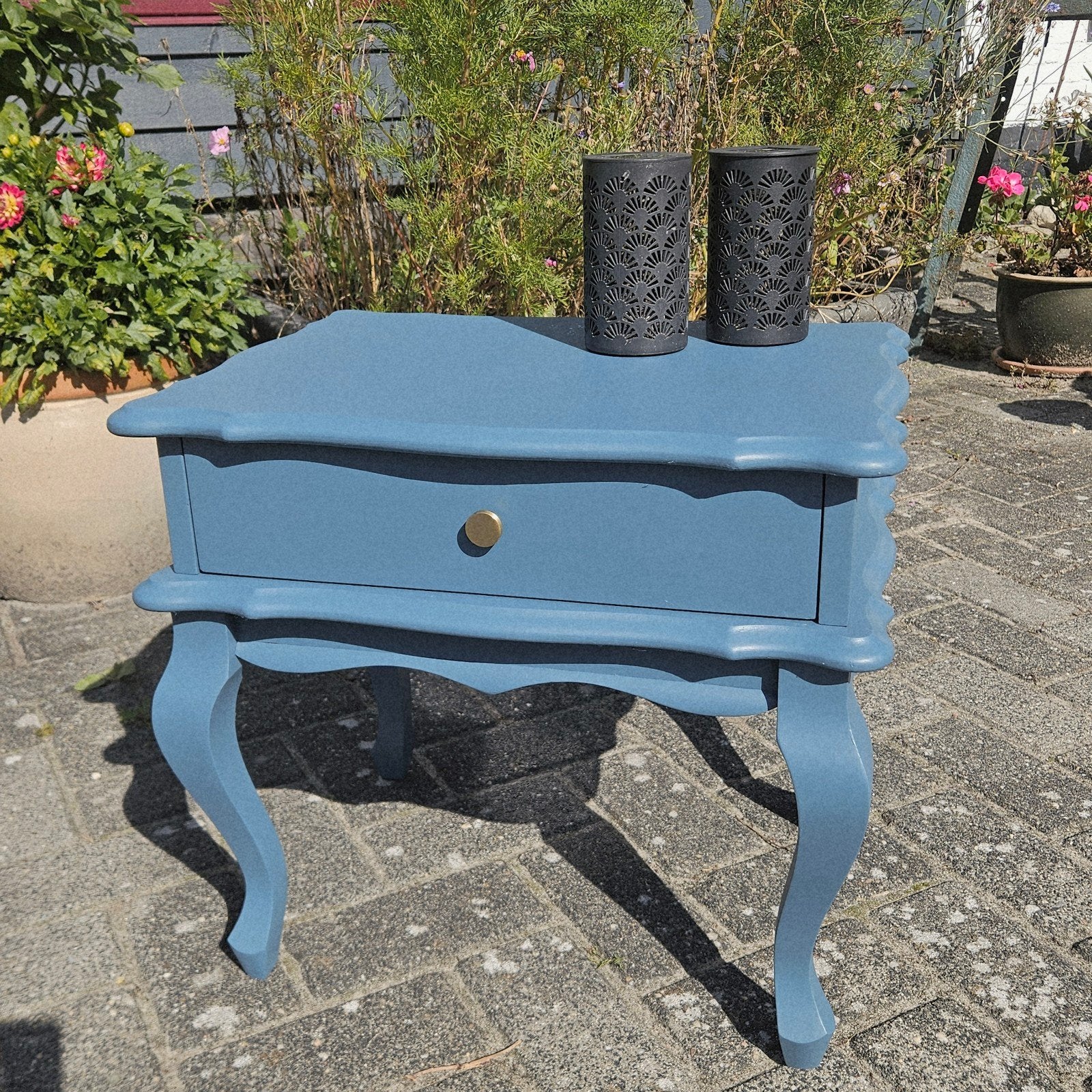 Blauwe bijzettafel met lade - landelijke stijl, Minder dan 45 cm, Gebruikt, Landelijke stijl, Rechthoekig