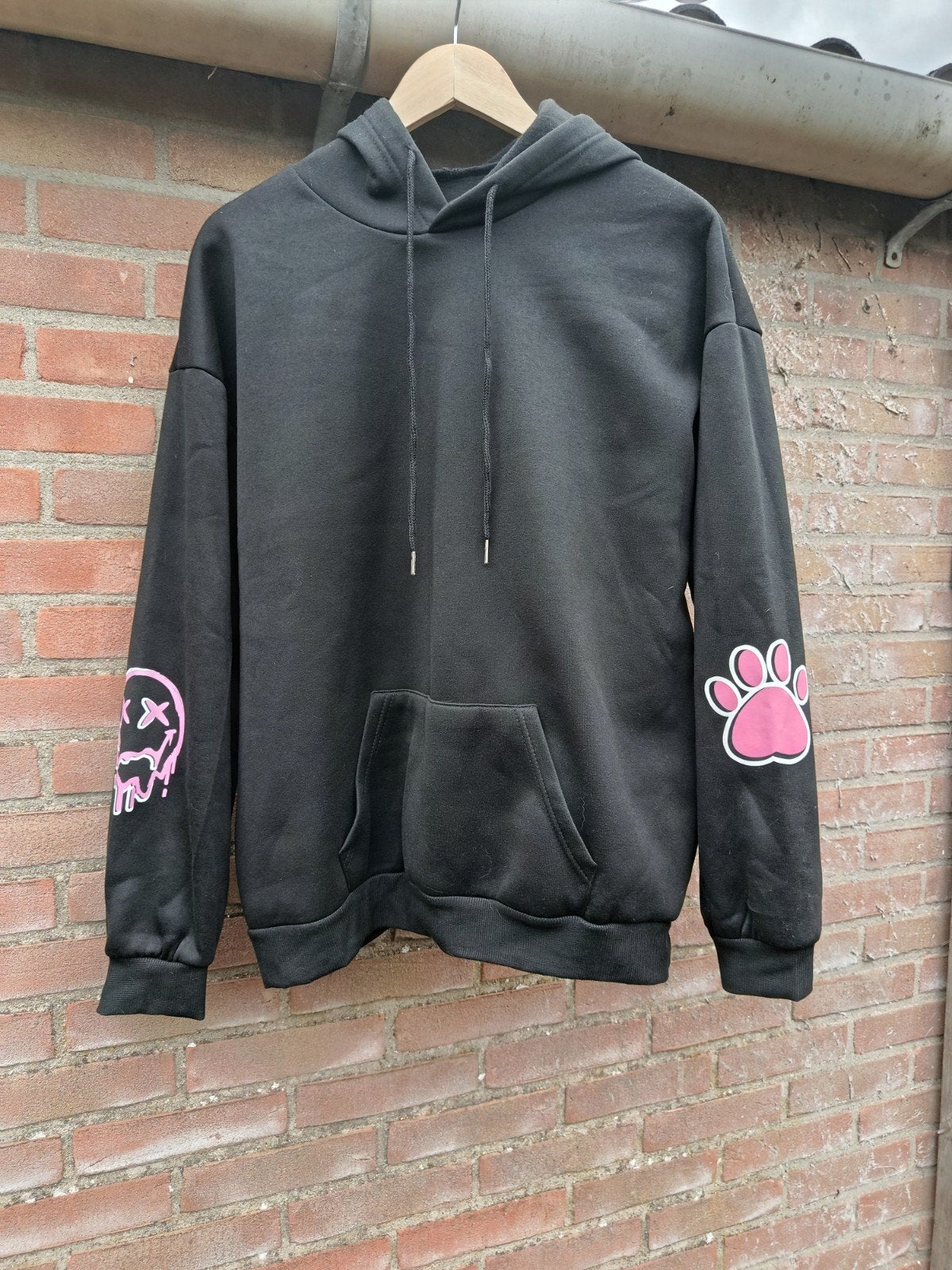 Zwarte hoodie met roze konijn en smiley print, Ophalen