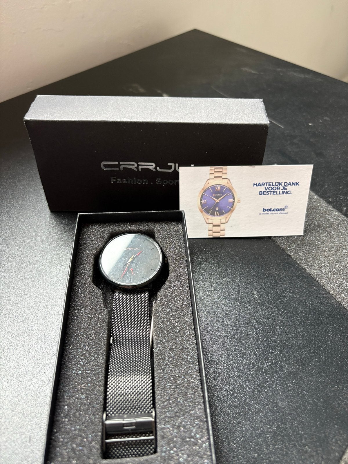 Stijlvol CRRJU Herenhorloge - Zwart met Milanese Band, Staal, Polshorloge, Nieuw, Ophalen