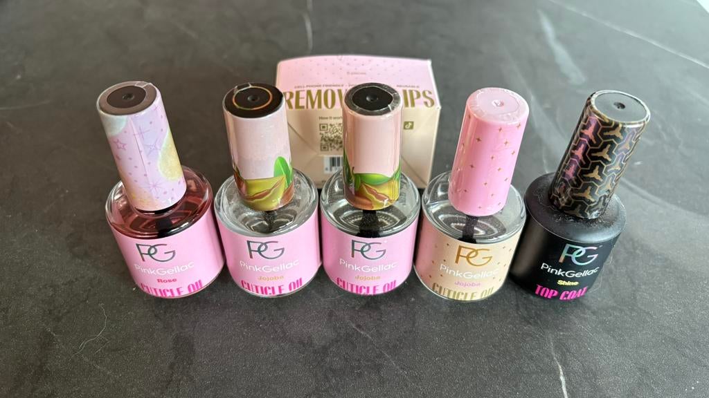 Pink gellac cuticle oil (4x) en removal clips (5x), Ophalen of Verzenden, Zo goed als nieuw, Overige kleuren, Handen en Nagels