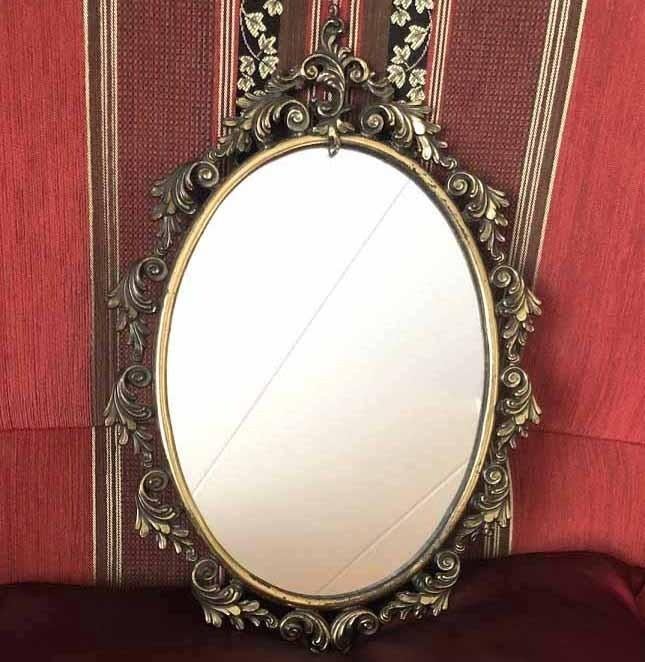 Barok spiegel koperen lijst antiek ovaal, Ophalen of Verzenden, Ovaal, 50 tot 100 cm