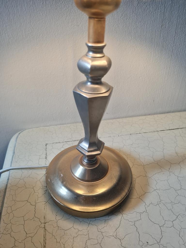 Vintage tafellampje koper en tin grijze kap, Antiek en Kunst, Curiosa en Brocante, Ophalen of Verzenden