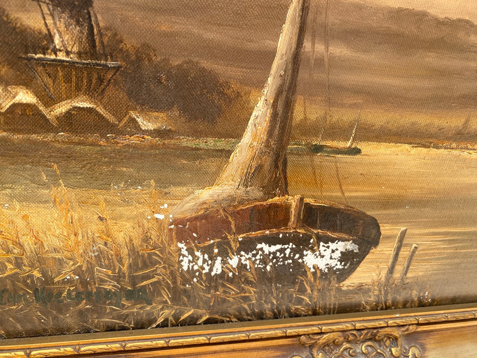 Klassiek schilderij van Hollands landschap met boten, Ophalen, Doek, Landschap, Olieverf