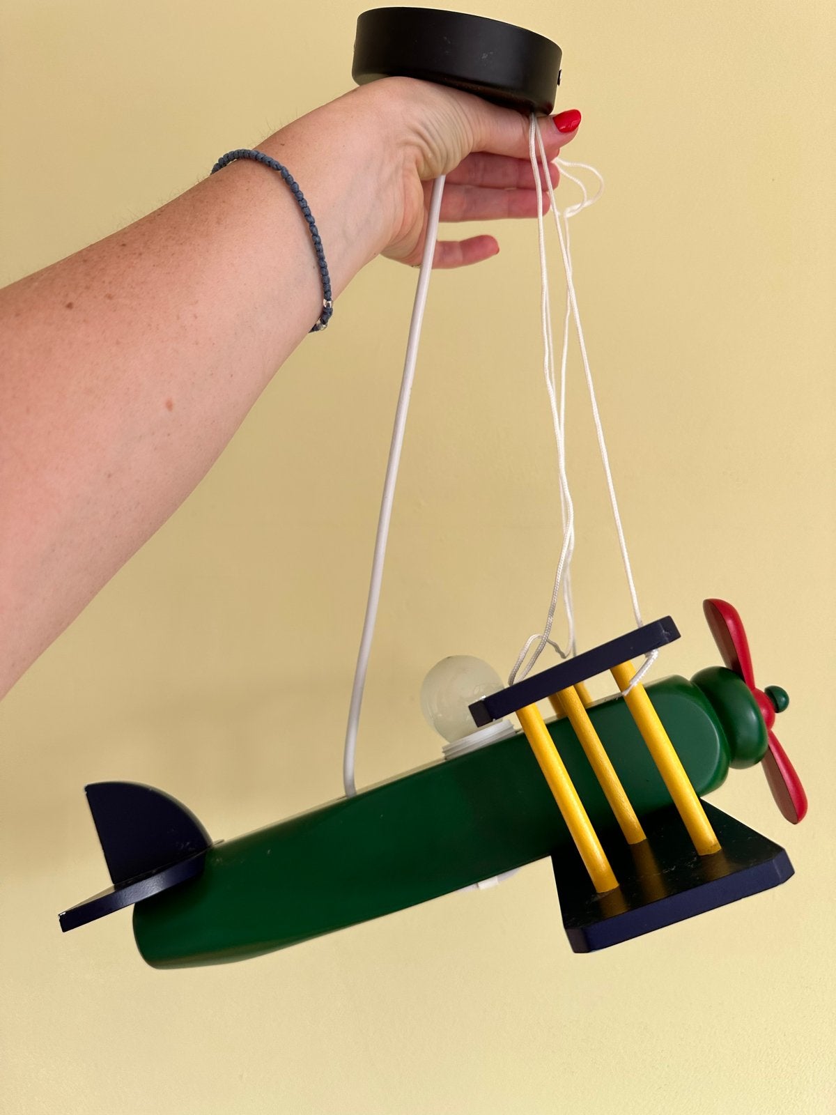 Vintage houten vliegtuig plafondlamp voor kinderkamer, Ophalen of Verzenden, Gebruikt, Hout, E27 (groot)