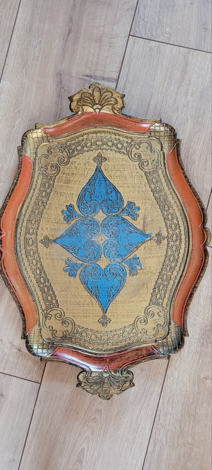 Vintage florentijns dienblad, goud, oranje, blauw, Antiek en Kunst, Ophalen