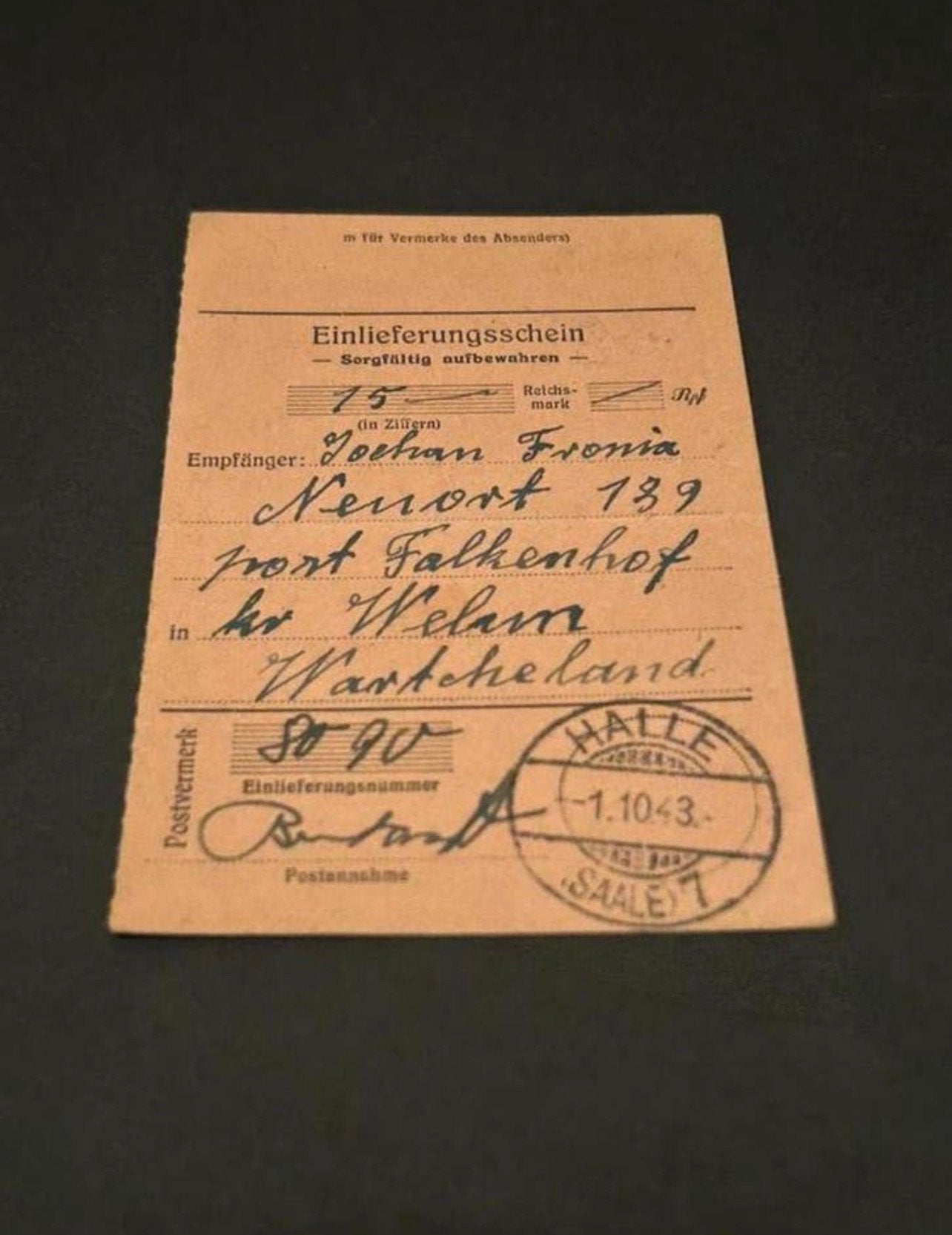WWII Einlieferungsschein Litzmannstadt, 1944, Ophalen of Verzenden, Zo goed als nieuw