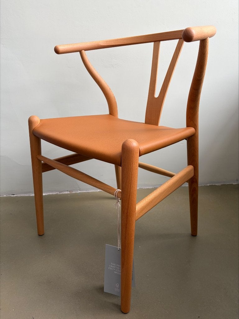 Carl Hansen & Søn Wishbone Stoel CH24 leren zitting Loke, Ophalen, Twee, Bruin, Scandinavisch Designb