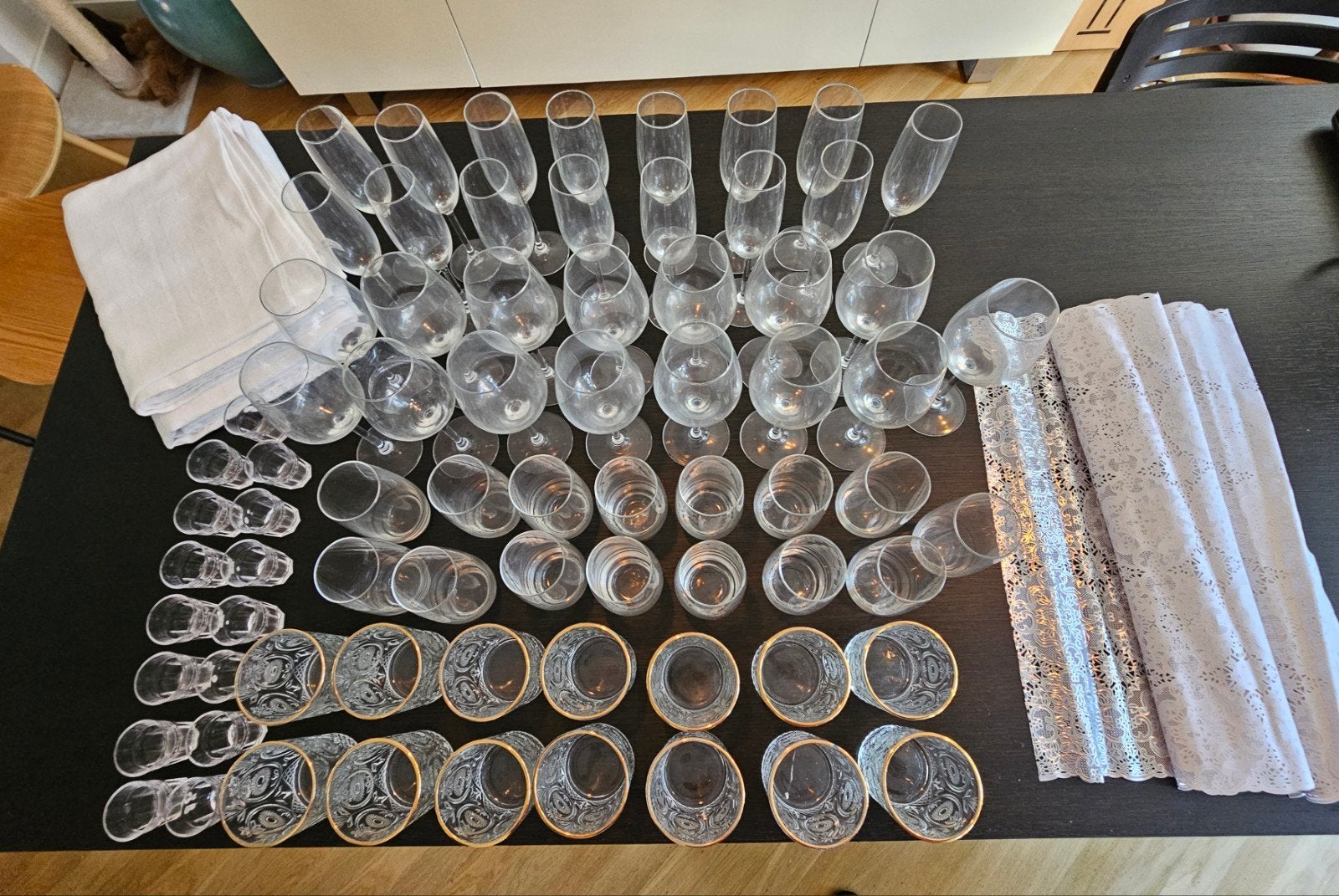 Mooie set glazen & tafeltextiel voor 21 Diner (14 p), Overige typen, Ophalen, Zo goed als nieuw, Glas