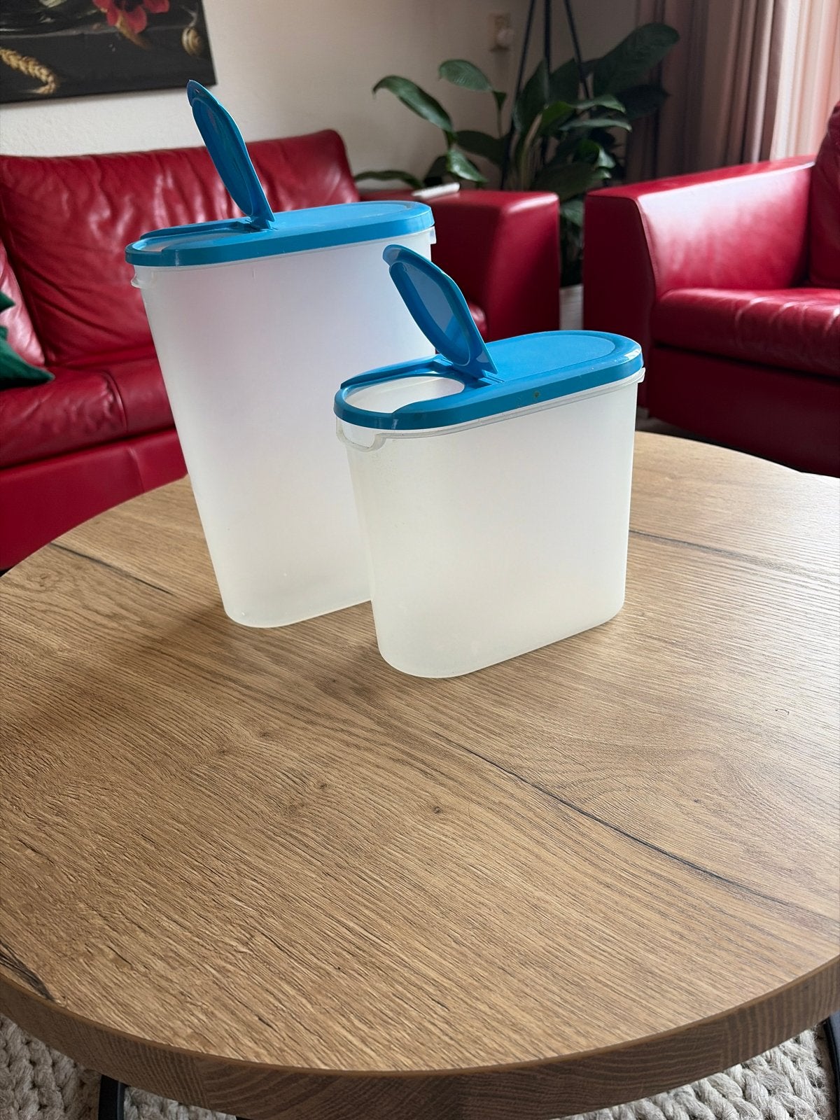 2 IKEA voorraadbussen met blauwe deksels, IKEA, Kunststof, Ophalen of Verzenden, Voorraadpot