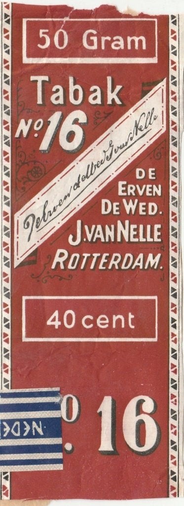 De Erven De Wed. J. van Nelle Rotterdam - tabak no. 16 40 ct, Ophalen of Verzenden, Gebruikt, Tabaksdoos of Verpakking