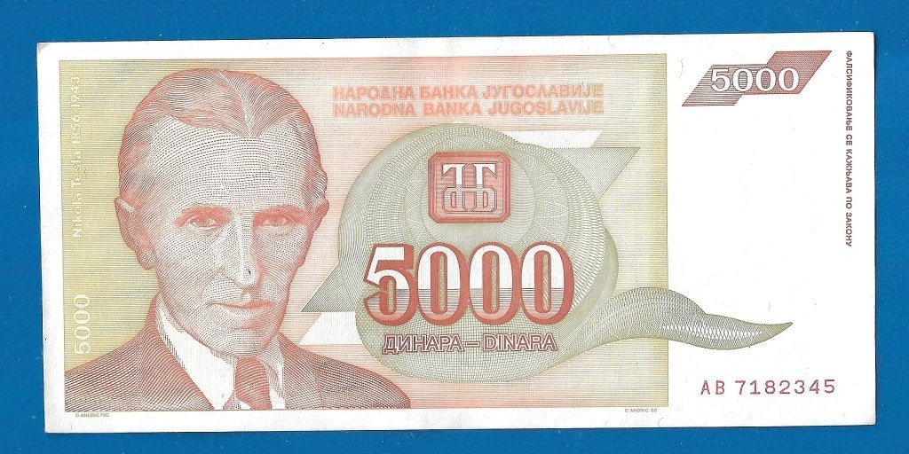 Joegoslavië biljet 5000 Dinara -1993, Ophalen of Verzenden, Joegoslavië, Los biljet