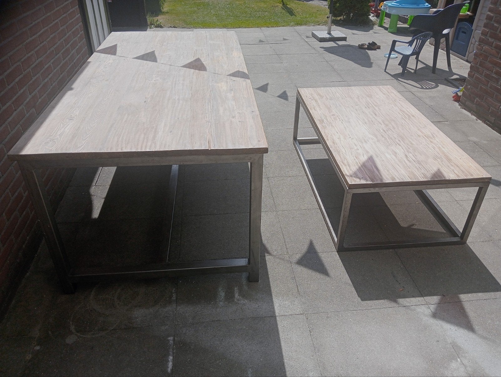 Robuuste landelijke/industriële salon- en eettafel set, 200 cm of meer, 50 tot 100 cm, Zo goed als nieuw, Vijf personen of meer