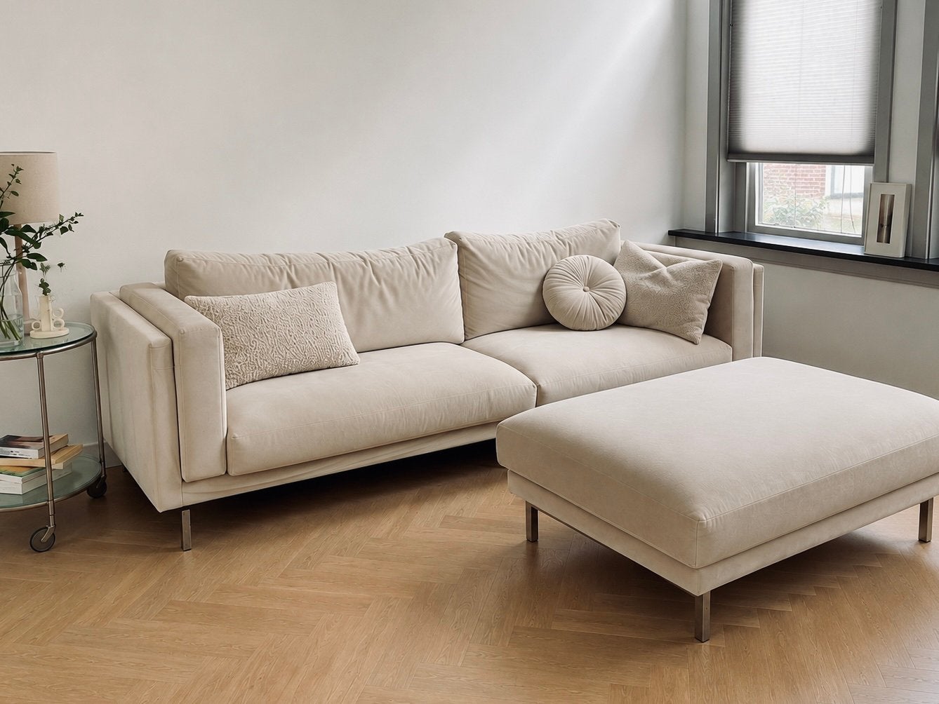 IKEA NOCKEBY 3-zitsbank + poef. Stof: beige (Soferia), Ophalen, Gebruikt, Driepersoons, 75 tot 100 cm
