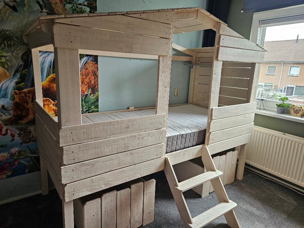 Huisjes bed, Ophalen, Eenpersoons, Wit, 140 cm