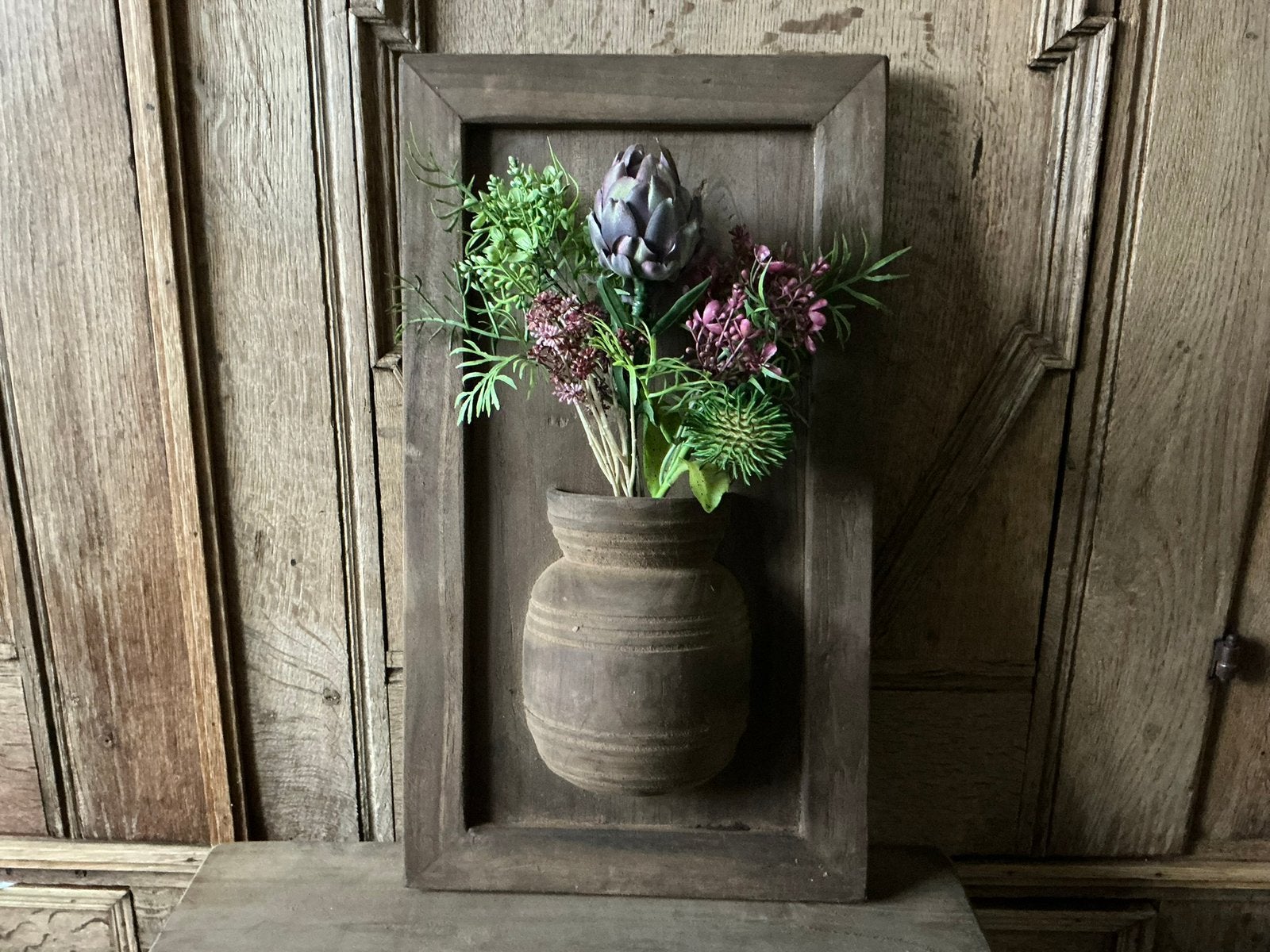 NIEUW teak houten schilderij met vaas en kunstbliemen, Ophalen of Verzenden, Nieuw
