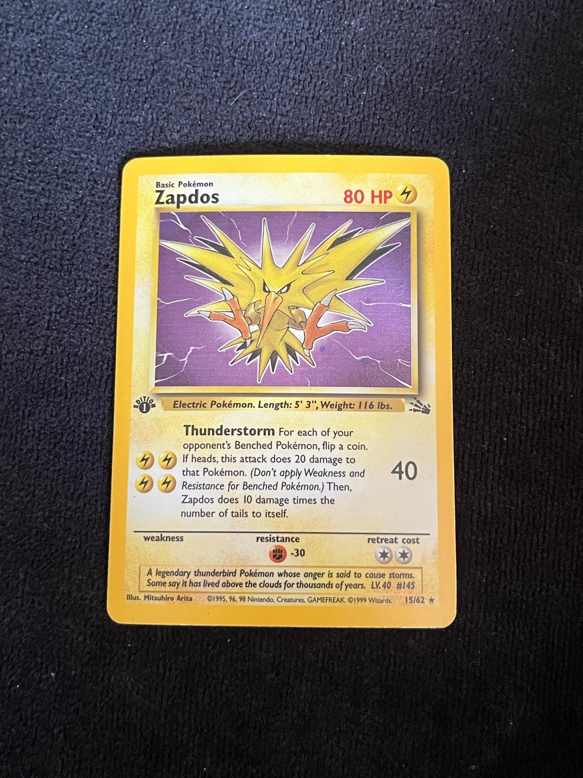 Zapdos Fossil Holo 1st Edition GD Pokémon Kaart, Ophalen of Verzenden, Gebruikt, Losse kaart, Foil