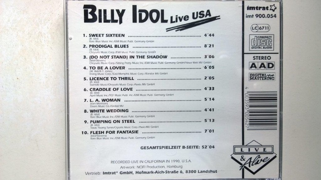 Billy Idol - Live USA, Ophalen of Verzenden, Zo goed als nieuw, Poprock