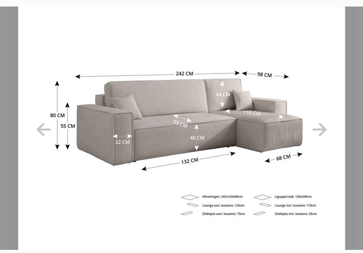 Ribstof (slaap) hoekbank beige, Huis en Inrichting, Ophalen, 125 tot 150 cm, Hoekbank, Zo goed als nieuw
