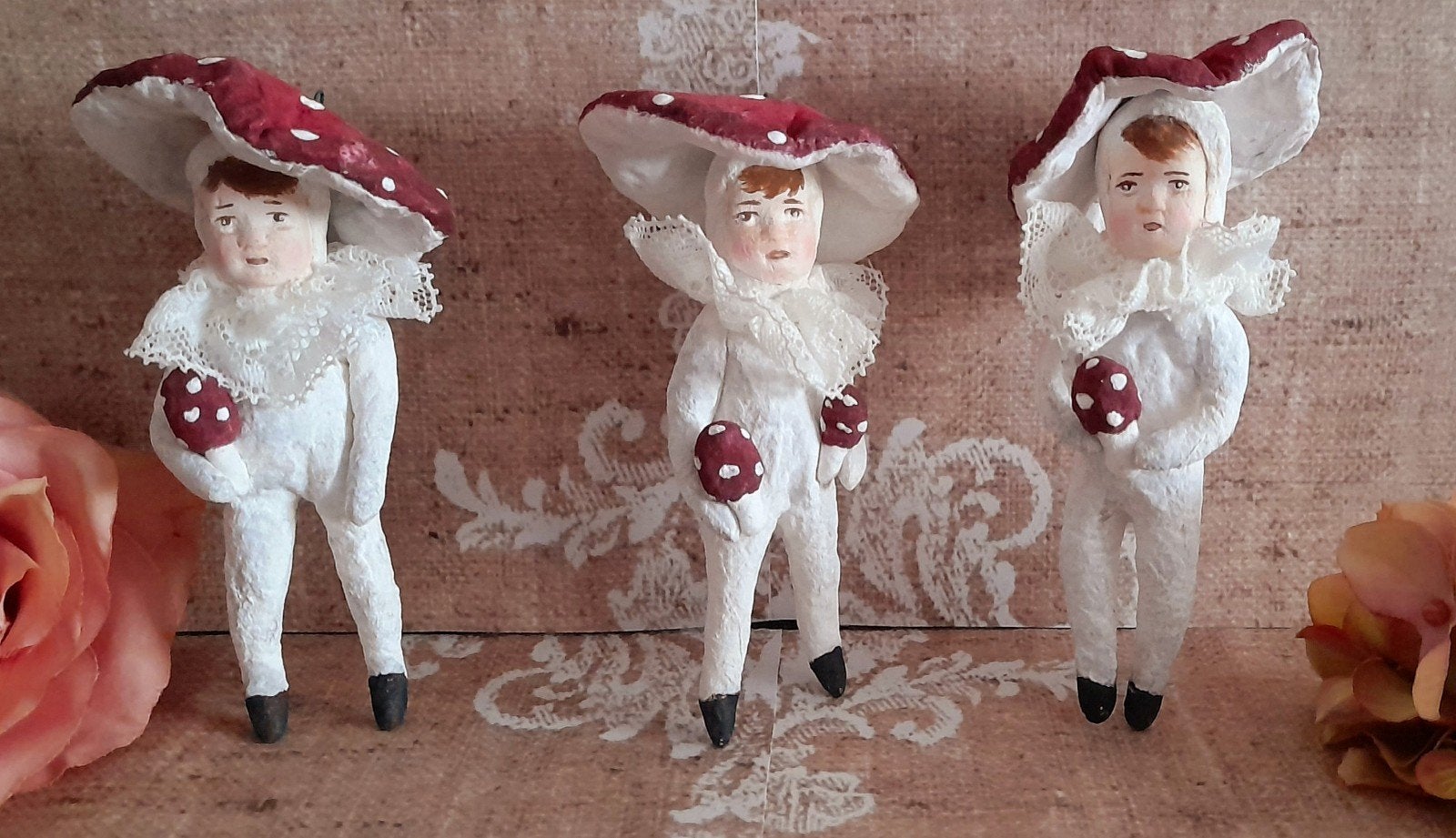 3 Prachtige brocante wattenpopjes Paddestoel Spuncotton, Ophalen of Verzenden