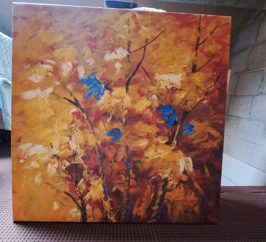 Abstract Schilderij: Herfstkleuren met Blauwe Accenten, Antiek en Kunst, Ophalen of Verzenden