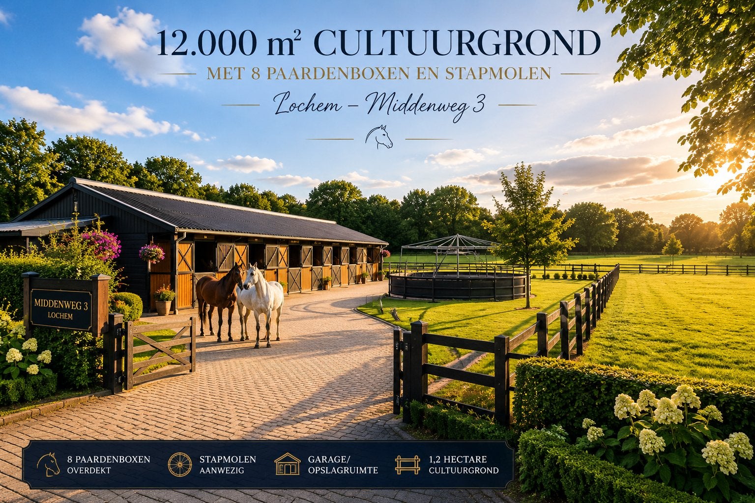 Te koop: 1,2 hectare cultuurgrond met 8 paardenstallen, Huizen en Kamers, Kavels en Percelen